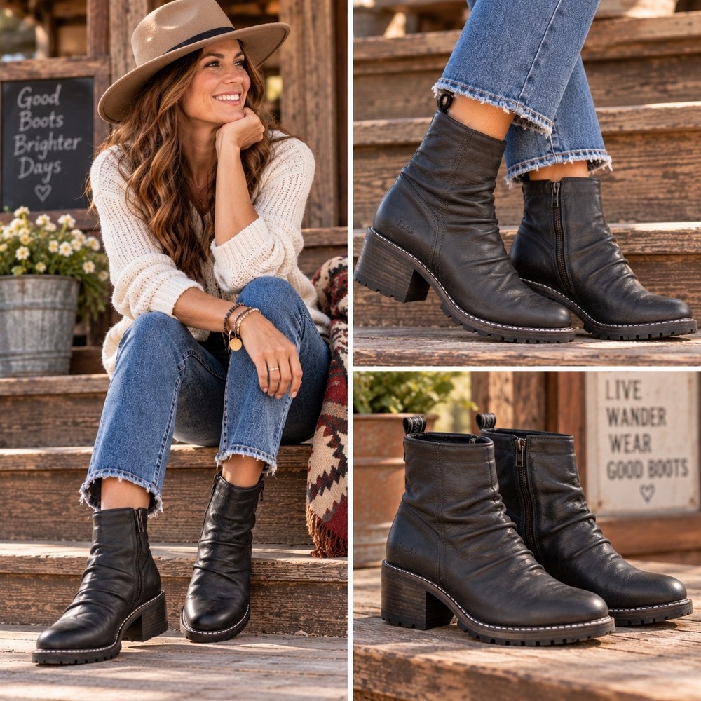 Taos Ravelle Black Leather Ruched Ankle Boots Faux Fur Lined RAV-P9636-BLK 6-6.5
